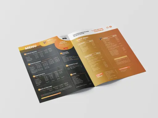 Materiały promocyjne przykłady: menu z ofertą kebabów, boxów i dodatków.