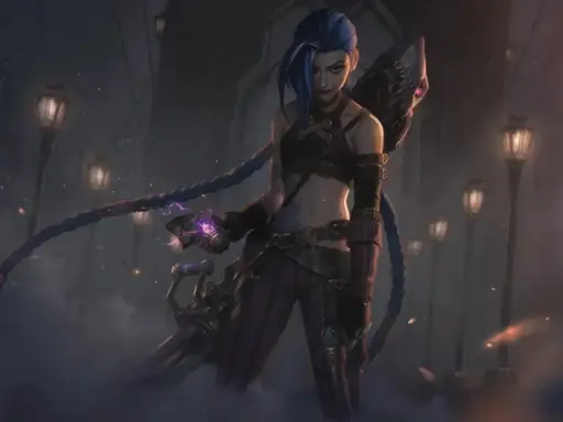 Jinx, postać z LoLa, która pokazuje, co to znaczy ADC w lolu. Jej broń iskrzy magią, a ona sama jest gotowa do walki.