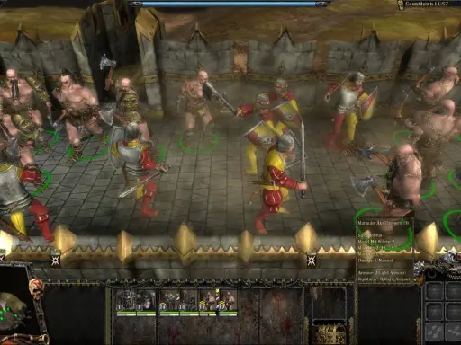 Starcia w Warhammer: Mark of Chaos. Żołnierze w zbrojach walczą z potężnymi wojownikami.
