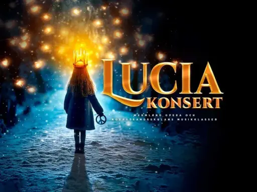 En flicka med ljuskrona går genom en snöig skog mot en "Lucia konsert".