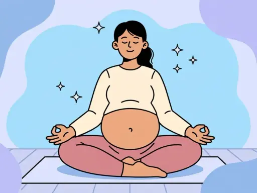 Mujer embarazada meditando en posición de loto. El ejercicio durante el embarazo promueve la calma y el bienestar.