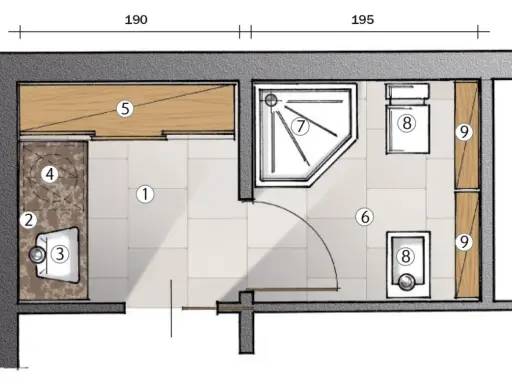 Progetto di un bagno con antibagno senza porta. Include lavabo, doccia, WC e lavatrice.