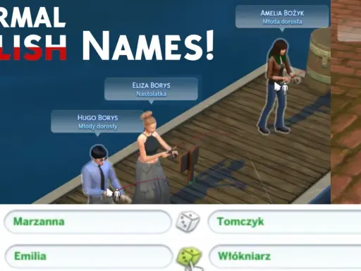 Mody do Simsów z polskimi imionami: Hugo, Eliza, Amelia i kotka Pestka. Na dole nazwiska: Marzanna, Tomczyk, Emilia, Włókniarz.