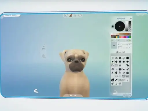Tworzenie własnego mopsa w The Sims 4. Interfejs gry pozwala na szczegółowe modyfikacje, jak kod na sterowanie zwierzakami w The Sims 4.