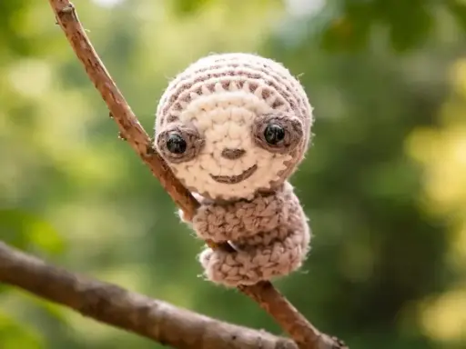 Adorable perezoso amigurumi de crochet, con grandes ojos y una sonrisa, aferrado a una rama.