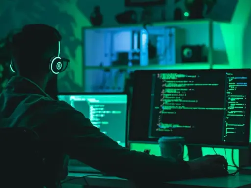 Programista w słuchawkach z podświetleniem pracuje nad kodem na dwóch monitorach. To jego kolejny przypadek testowy.