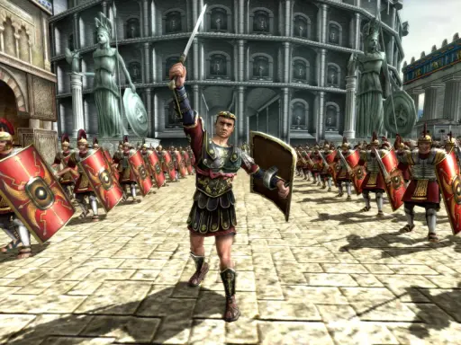 Rzymski legionista z mieczem wzniesionym ku górze, symbolizujący potęgę i upadek imperium. W tle kolumnada i żołnierze.