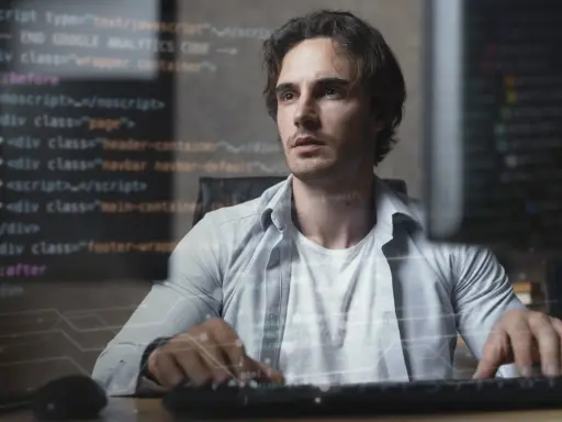 Mężczyzna pracuje nad kodem, tworząc aplikację full stack. W tle widać fragmenty kodu HTML i JavaScript.