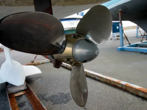 Gros plan sur l'hélice d'un bateau, prête pour son nettoyage. Une autre hélice blanche est visible à gauche.