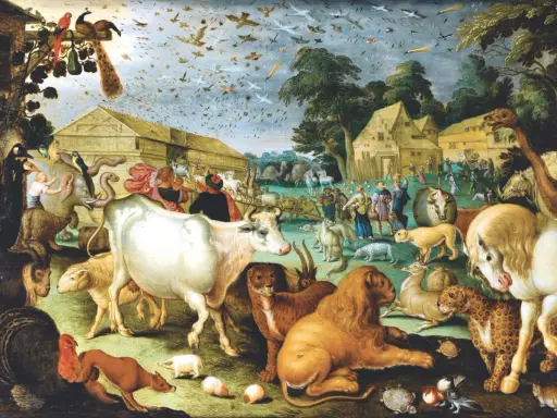 Noah's ark, ein antiker dreiruderer, füllt sich mit Tieren aller Art, während Menschen sie an Bord führen. Vögel schwärmen am Himmel.