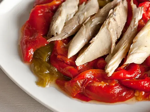 Pimientos asados rojos y verdes con trozos de pescado blanco encima, servidos en un plato blanco.