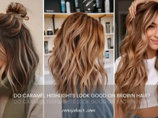 Drei Frauen mit braunem Haar und karamellfarbenen Balayage-Highlights.