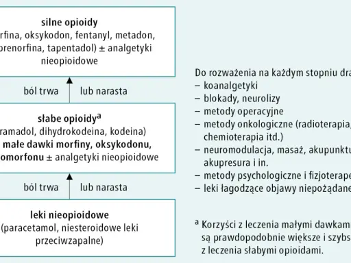 Schemat drabiny analgetycznej: leki nieopioidowe, słabe opioidy (np. oksykodon), silne opioidy (np. oksykodon 80 mg).