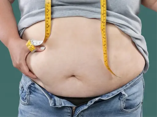 Maßband um den Bauch, um das Ziel, bauchfett reduzieren, zu visualisieren.