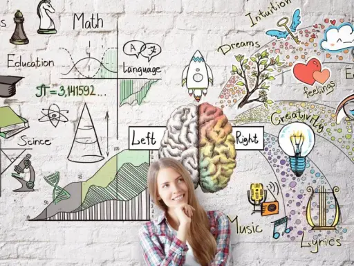 Eine junge Frau blickt nachdenklich auf eine Wand voller Symbole, die verschiedene Aspekte des Denkens und Lernens darstellen. Eine kreative Lernmethode, die Logik und Emotionen verbindet.
