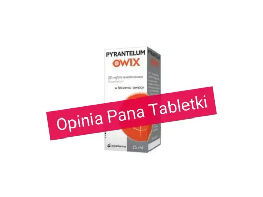 Opakowanie Pyrantelum Owix, zawiesina doustna w leczeniu owsicy. To tabletki na odrobaczenie dla ludzi.