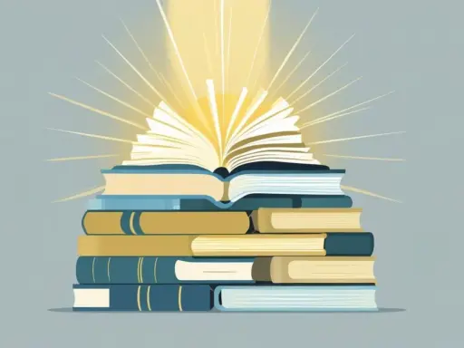 Una pila di libri, con quello in cima aperto e illuminato da raggi dorati, simboleggia la conoscenza e i libri del momento.