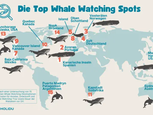 Wo kann man Wale sehen? Karte zeigt Top-Spots: Kanarische Inseln, Azoren, Sylt, Schottland, Norwegen, Grönland, Kanada, Alaska, Mexiko, Argentinien, Südafrika, Australien, Hawaii.