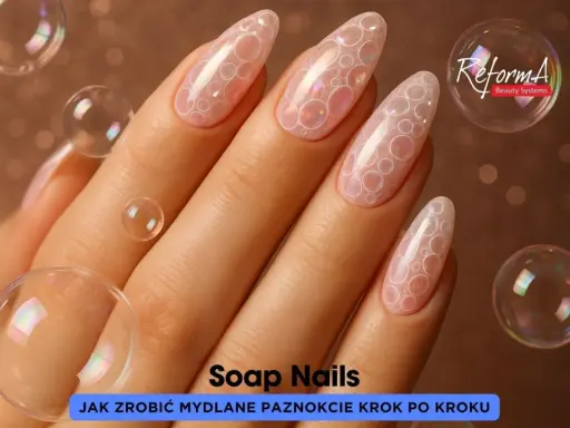 Delikatne paznokcie na marzec w stylu "Soap Nails", ozdobione wzorem przypominającym bańki mydlane.