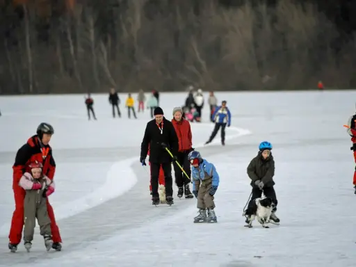 Människor åker norrviken skridskor på en isbelagd sjö. En pappa hjälper sitt barn, en hund dras på isen, och andra njuter av vintersporten.