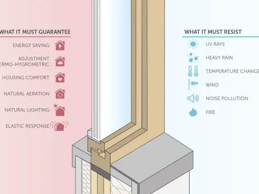 Diagrama de las partes de una ventana, mostrando sus funciones (ahorro energético, confort) y resistencias (rayos UV, lluvia, viento, ruido, fuego).