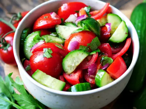 Frischer Tomaten-Gurken-Salat mit roten Zwiebeln und Petersilie, garniert mit ganzen Kirschtomaten und Gurken.