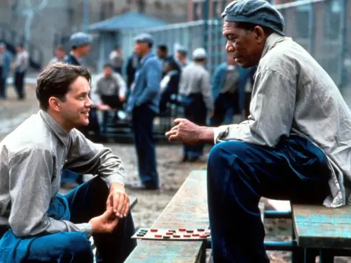 Andy i Red grają w warcaby na dziedzińcu więzienia. Scena z filmu "Skazani na Shawshank".