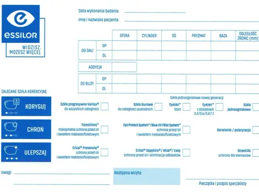 Recepta na okulary od prywatnego okulisty z danymi pacjenta i parametrami korekcji.