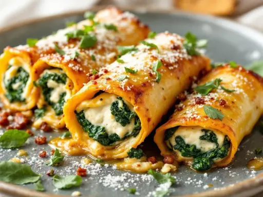 Cannelloni ricotta épinard, généreusement garnis et saupoudrés de parmesan, baignent dans une sauce savoureuse.