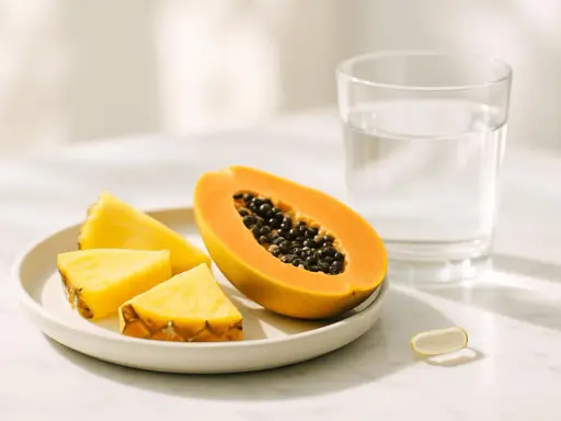 Frutta fresca e un integratore per il pancreas. Papaya, ananas e un bicchiere d'acqua, un aiuto naturale per il tuo benessere.