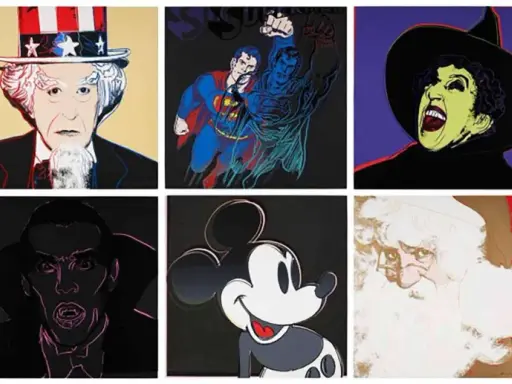 A collage of famous pop art pieces, featuring Uncle Sam, Superman, a witch, Mickey Mouse, Santa, and other iconic figures in vibrant colors.