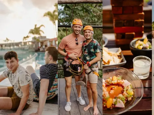 A gay couple enjoys a vacation in Tulum, Mexico, with poolside relaxation, zip-lining adventures, and delicious food.