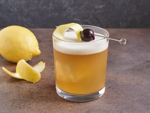 Ein erfrischender Amaretto Sour mit Zitronenzeste und Kirsche, daneben eine Zitrone.