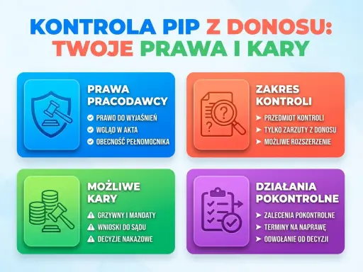 Grafika informuje o kontroli PIP z donosu, przedstawiając prawa pracodawcy, zakres kontroli, możliwe kary i działania pokontrolne.