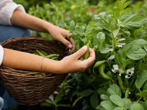 Main récolte de fèves dans le potager. Les mains cueillent les gousses vertes pour les mettre dans un panier en osier.