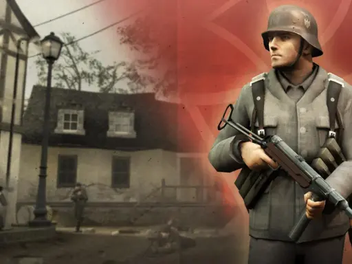 Żołnierz w mundurze z epoki II wojny światowej, gotowy do walki. W tle zniszczone miasto, idealne dla **gier o 2 wojnie światowej**.