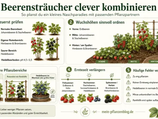 Tipps zum Beerenbeet anlegen: Boden prüfen, Wuchshöhen ordnen, Pflanzbereiche wählen, Erntezeit verlängern und Fehler vermeiden.