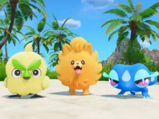 Trzy urocze Pokemony: żółty ptaszek, pomarańczowy piesek i niebieska żabka, na plaży z palmami. Idealne do gry Pokemon na Nintendo Switch!