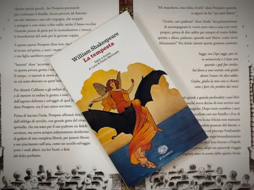 Copertina de "La tempesta" di Shakespeare, con un'illustrazione di Ariel. La tempesta è un'opera che parla di magia e perdono.