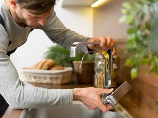 Hombre ajustando grifo de cocina para regular la presión del agua en casa.
