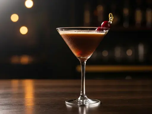 En Kahlúa Sour, en mörk, skummande cocktail i ett martiniglas, garnerad med körsbär. Perfekt för en mysig kväll.