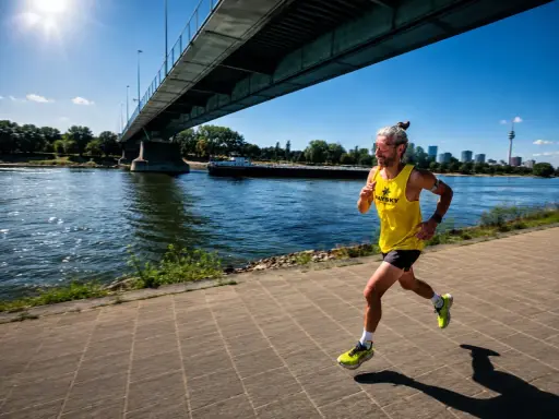 Mann joggt bei 30 Grad am Fluss entlang unter einer Brücke. Sonnenschein, Wasser und eine Skyline im Hintergrund.