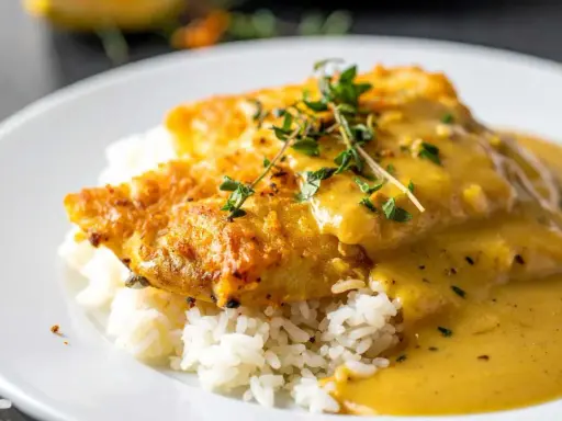 Poisson pané sur un lit de riz, nappé d'une onctueuse sauce moutarde et garni de thym frais. Un délice !