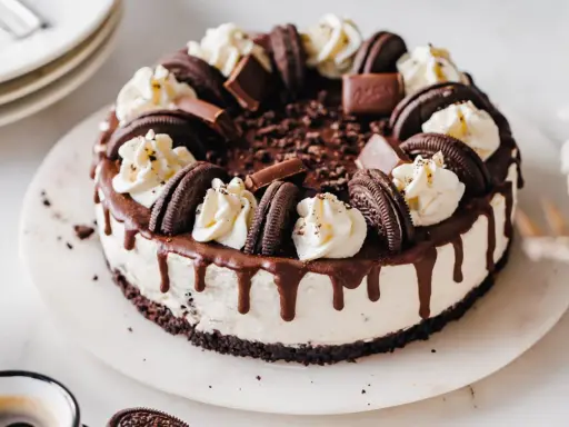 Ein köstlicher Oreo Cheesecake mit Schokoladenglasur und Sahnetupfern. Perfekt für jeden Schokoladenliebhaber.