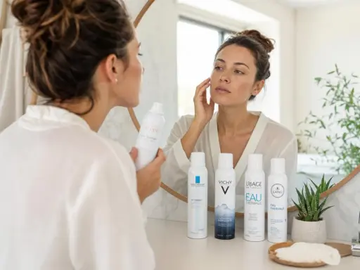 Une femme applique de l'eau thermale Avène sur son visage, entourée d'autres brumisateurs d'eau thermale.