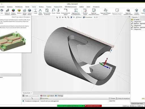 Interfaccia software per la progettazione meccanica con modello 3D di un pezzo cilindrico e un componente squadrato.