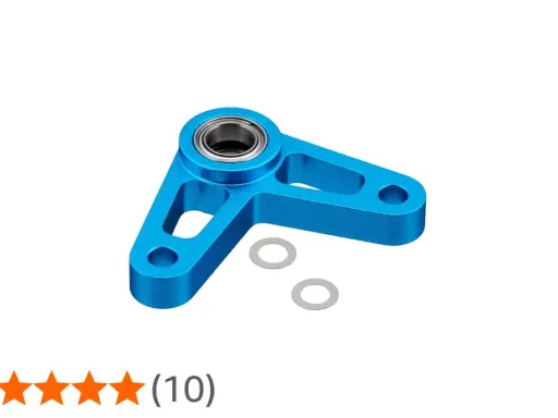 Blauer Aluminium-Bellcrank mit Kugellager und zwei Unterlegscheiben, bereit für den Einbau in ein RC-Modell.