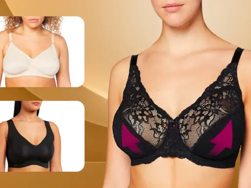 Modelli di reggiseni per donne con seni grandi, in pizzo nero e beige, e uno nero senza ferretti.