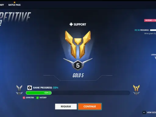 Wygrana w Overwatch 2! Gracz osiągnął rangę Gold 5 w trybie wsparcia, zdobywając +10 punktów.