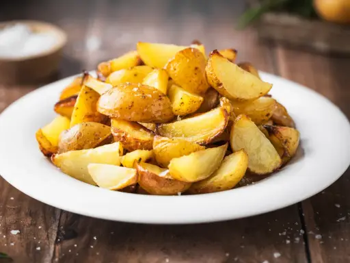Patate al forno con buccia, dorate e croccanti, servite su un piatto bianco. Un contorno semplice e gustoso.